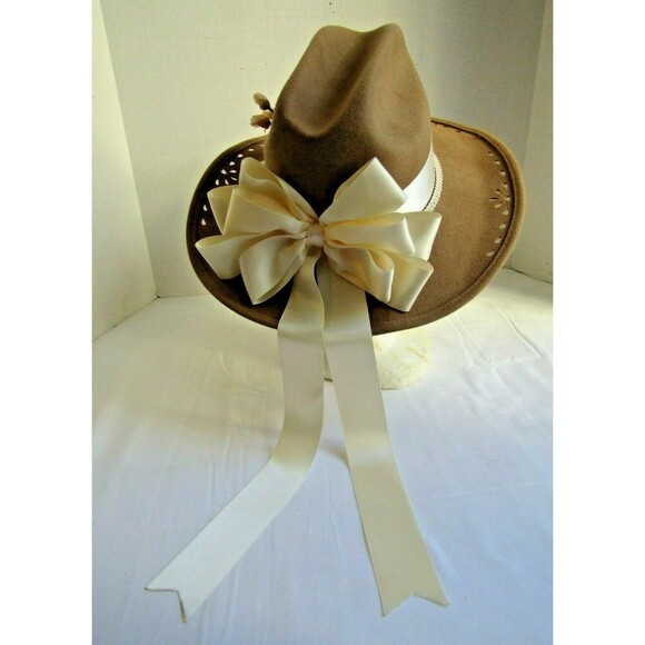Vtg Brown Wool Nancy Hughes Hat Co Hat Satin Ribbon Bow Roses Lazer Cut 6 3/4